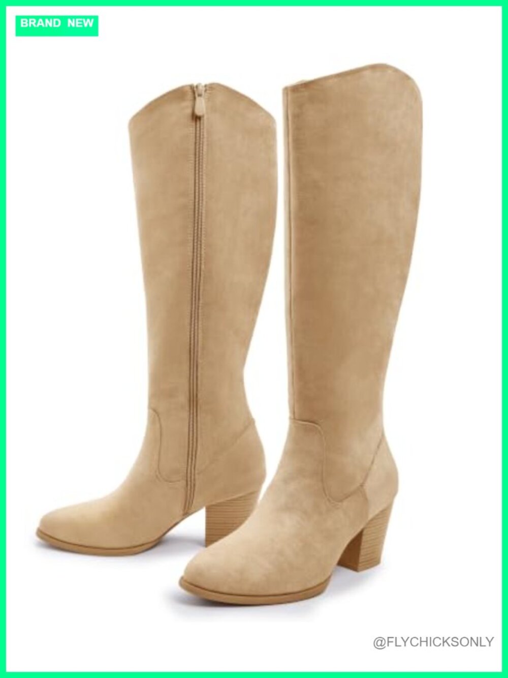 Knee High Boots Pointed Toe 2.75in Chunky Block Heel Side Zip Faux Suede
